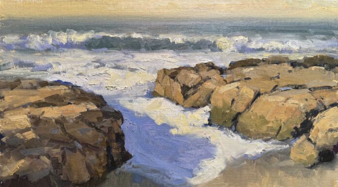 The Confidence to Know When to Stop Scott Hamill, "Winter Light, California Coast," 2024, oil, 16 x 26 in., Collection the artist, Plein air
