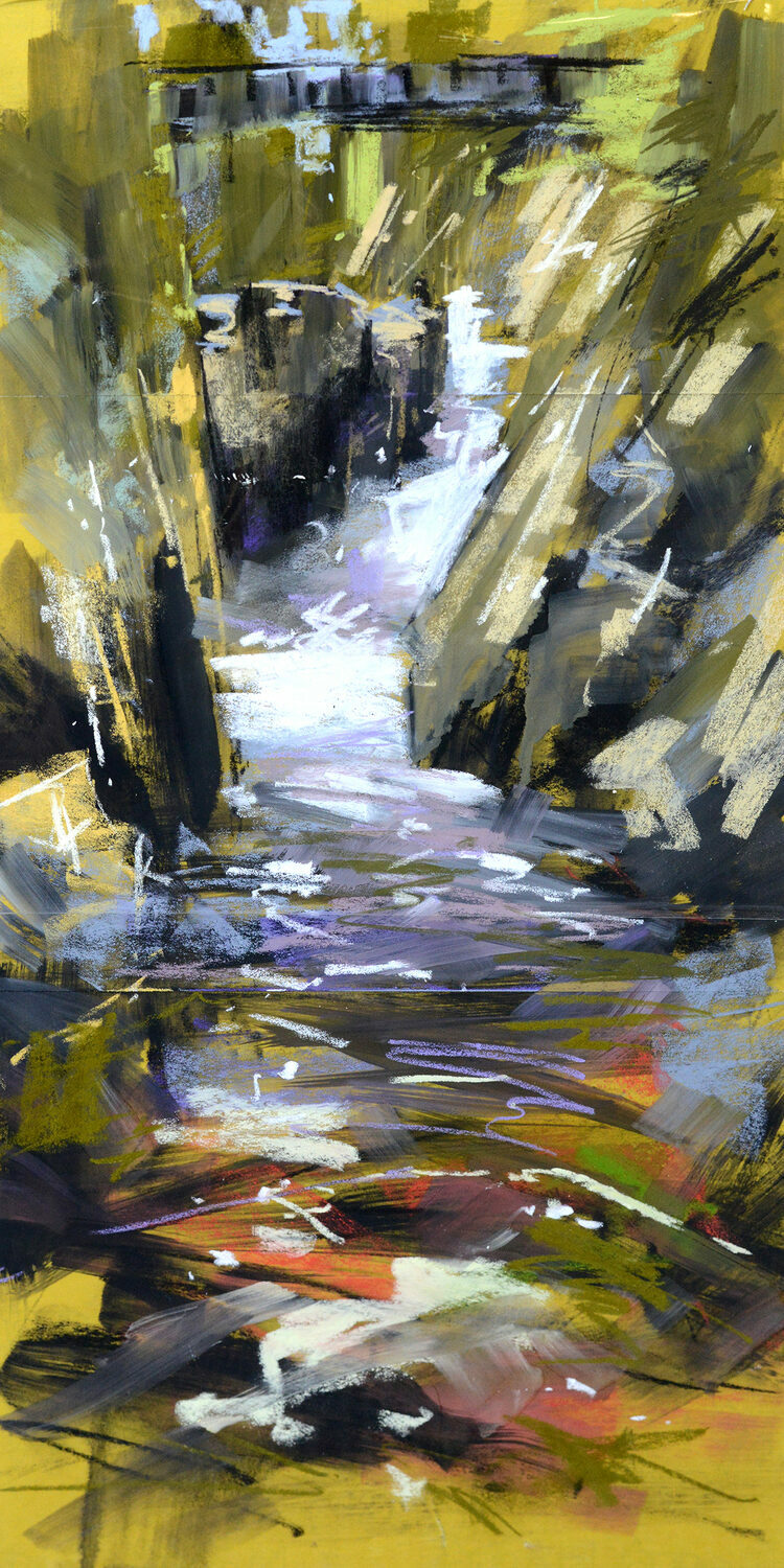 Best Plein Air Pastel: Lon Brauer, "The Flume," 20 x 10 in.