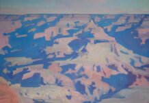 Jill Carver, “Geometry Meets Geology,” 2023, oil, 24 x 24 in., Private collection, Studio from plein air painting studies