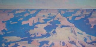 Jill Carver, “Geometry Meets Geology,” 2023, oil, 24 x 24 in., Private collection, Studio from plein air painting studies