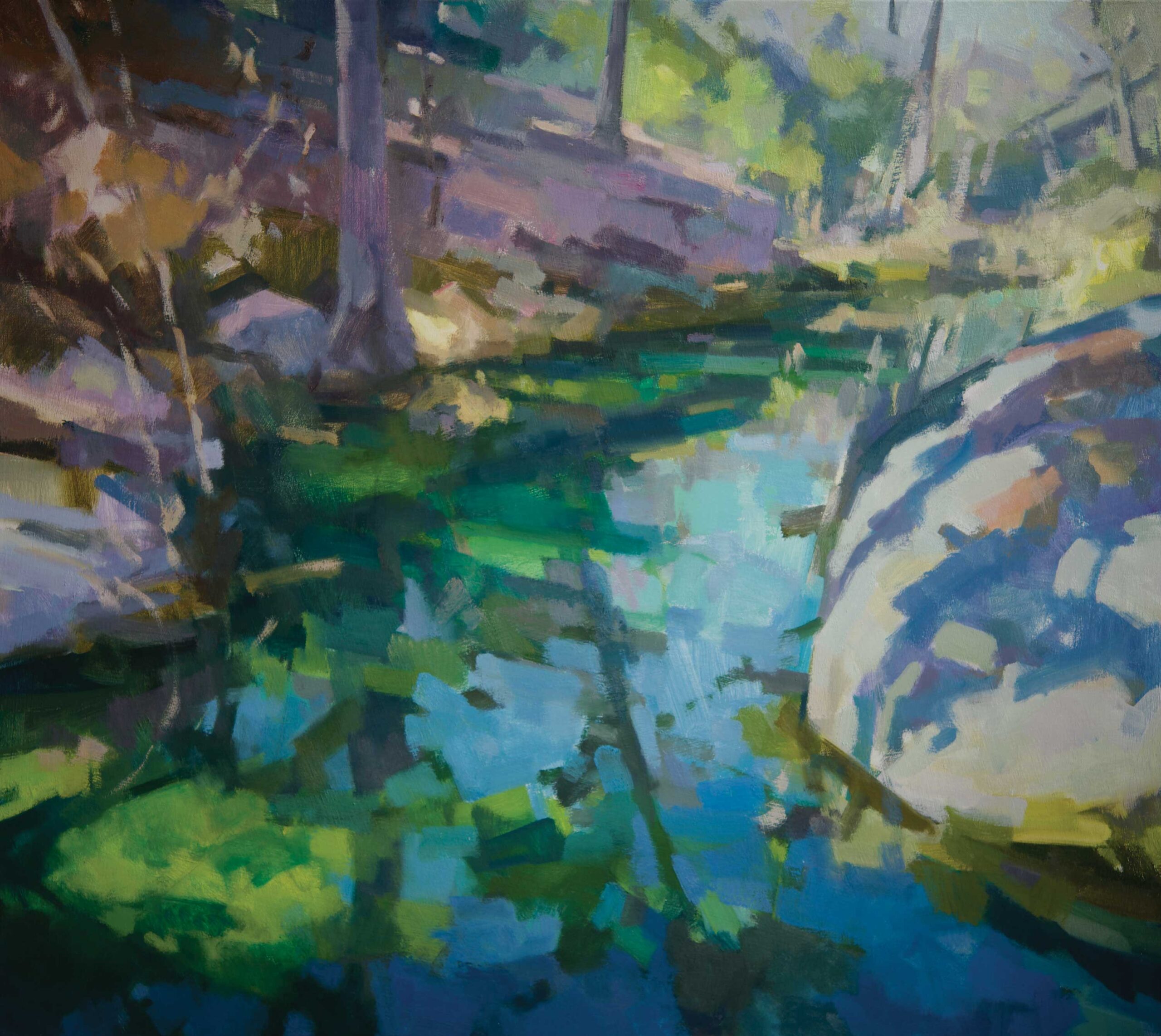 Jill Carver, “Hill Country Reflections,” 2024, oil, 30 x 34 in., Available from Insight Gallery, Studio