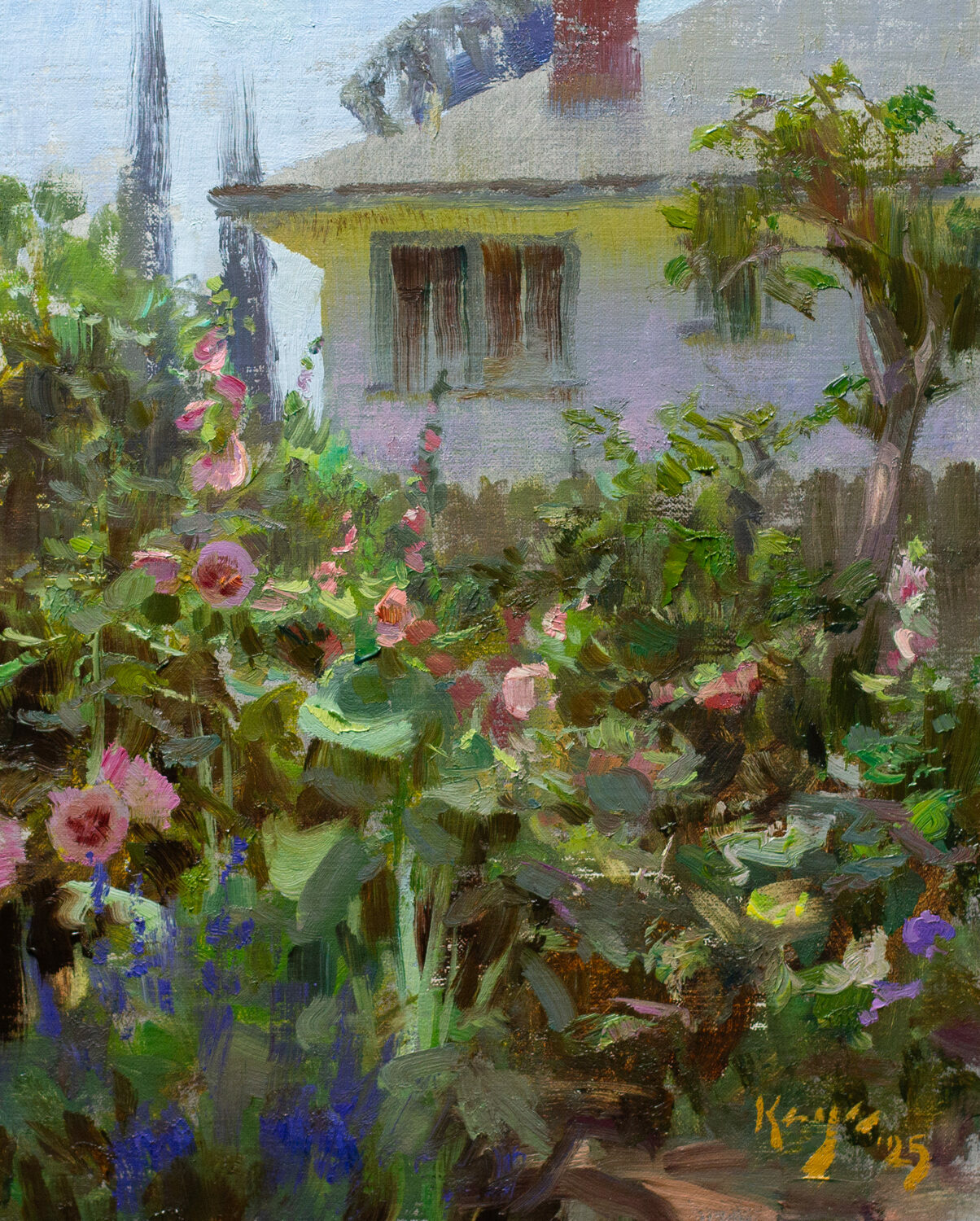 PleinAir Salon art competition - Third Place Overall: Daniel Keys, “Hollyhock Garden,” Oil, 10x8 in.