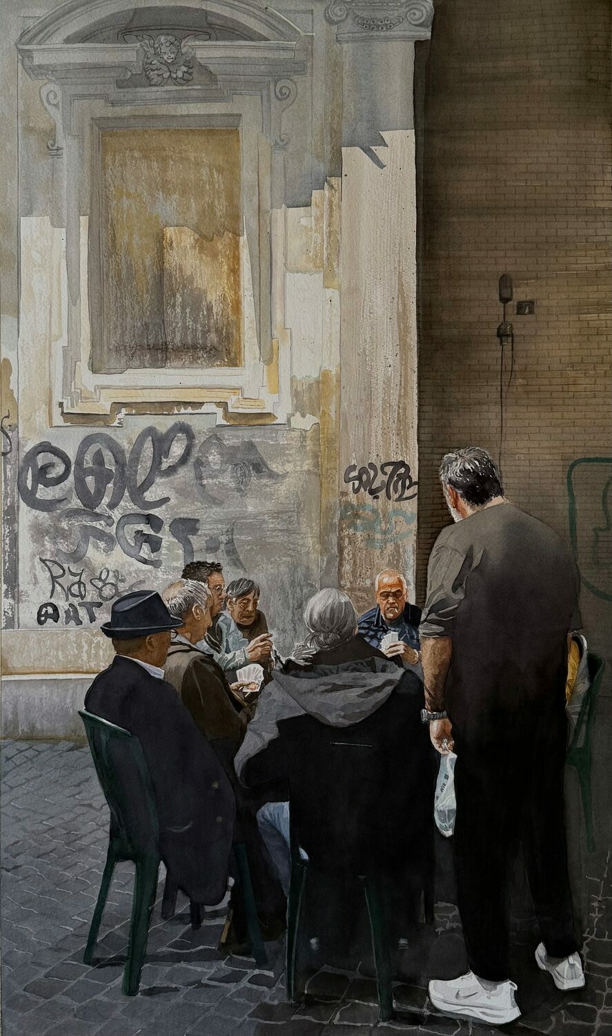 PleinAir Salon art competition - Second Place Overall: Margaret Washington, “The Card Game,” watercolor, 28 x 17 in.