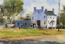 Watercolor Demo: Men at Work Watercolor landscape with figures, by Hema Gupta