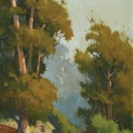 how to paint trees - Paul Kratter, "Down the Lane," 2024, oil, 20 x 10 in.; Available from Christopher Queen Gallery; Plein air