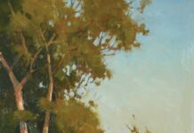 how to paint trees - Paul Kratter, "Down the Lane," 2024, oil, 20 x 10 in.; Available from Christopher Queen Gallery; Plein air