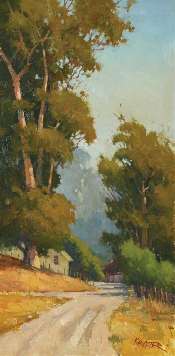 how to paint trees - Paul Kratter, "Down the Lane," 2024, oil, 20 x 10 in.; Available from Christopher Queen Gallery; Plein air