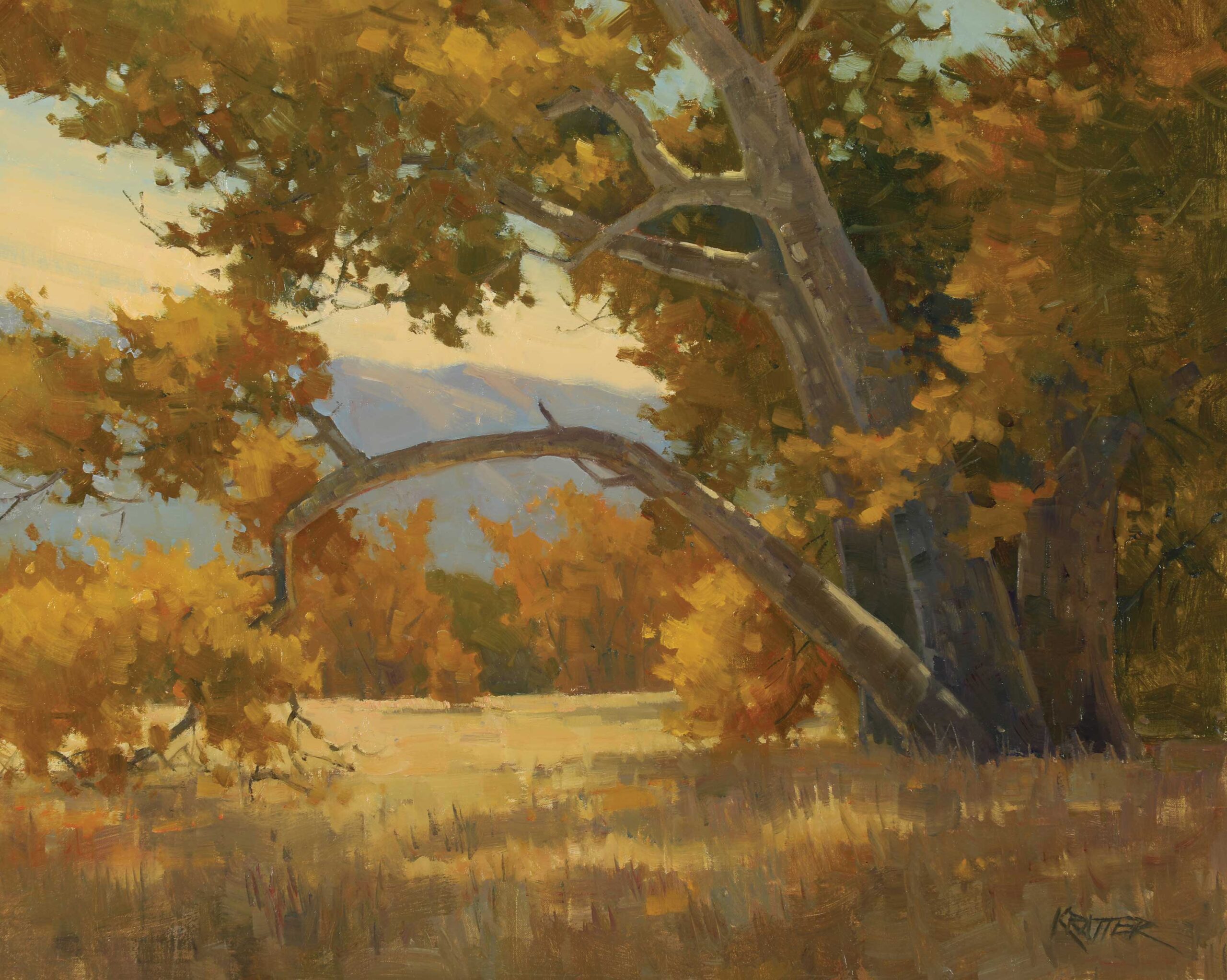 how to paint trees - Paul Kratter, "Overhang," 2023, oil, 16 x 20 in.; Available from Holton Studio Gallery, Plein air