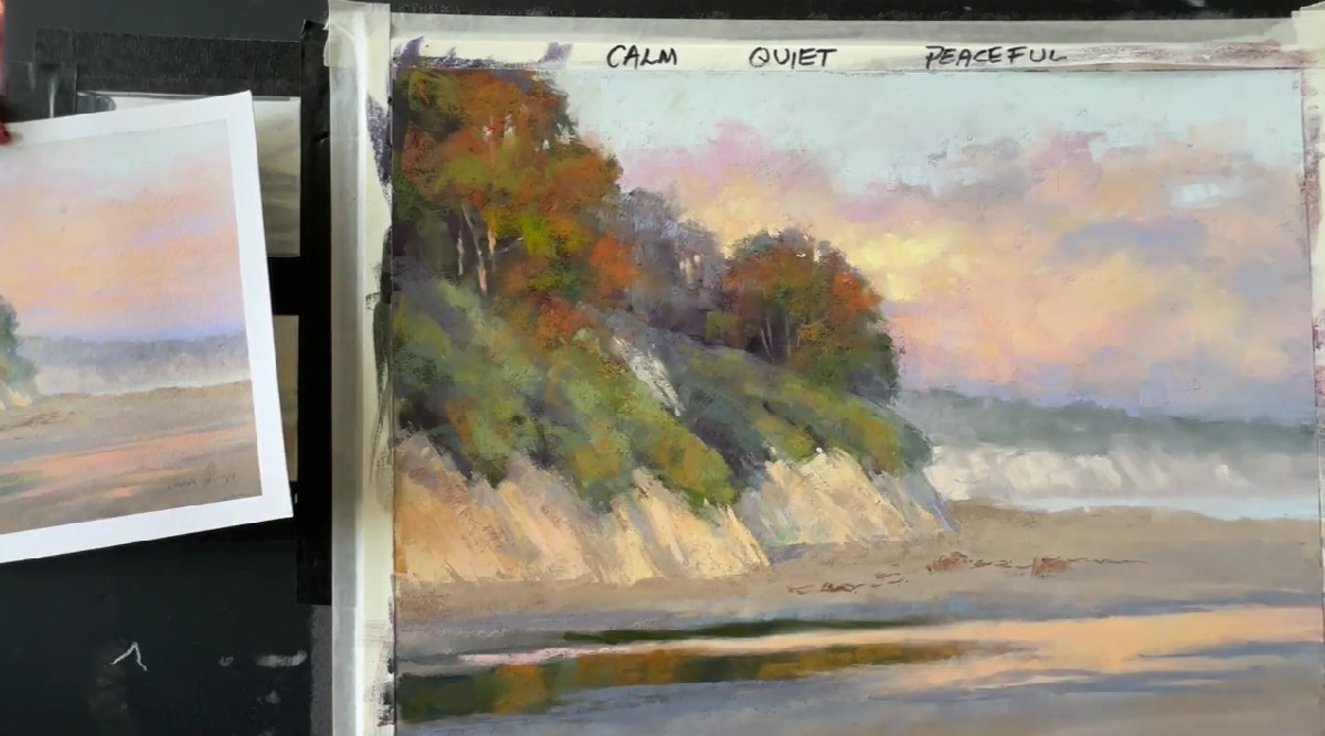 From Linda Mutti’s landscape painting demo; Linda also hosted our Cocktail Hour Paint Along one night this week, where we learned even more great tips.