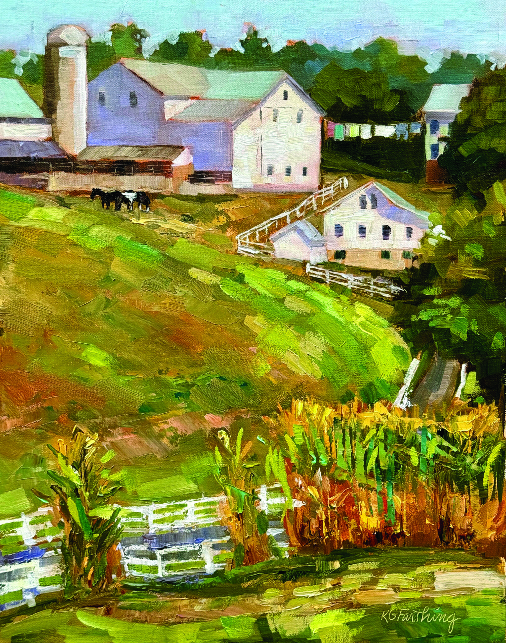 Kathleen Gray Farthing, “Barn on the Hill,” 2024, oil, 14 x 11 in., Available from artist, Plein air 