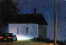 Nocturne painting of a house - Tim Horn, "Over the Edge," 2024, oil, 11 x 14 in., collection the artist, plein air