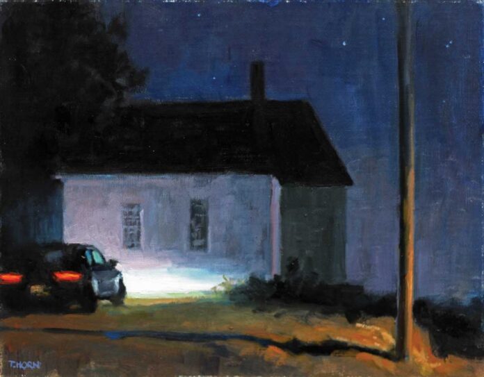 Tim Horn, "Over the Edge," 2024, oil, 11 x 14 in., collection the artist, plein air Nocturne painting of a house - Tim Horn, "Over the Edge," 2024, oil, 11 x 14 in., collection the artist, plein air