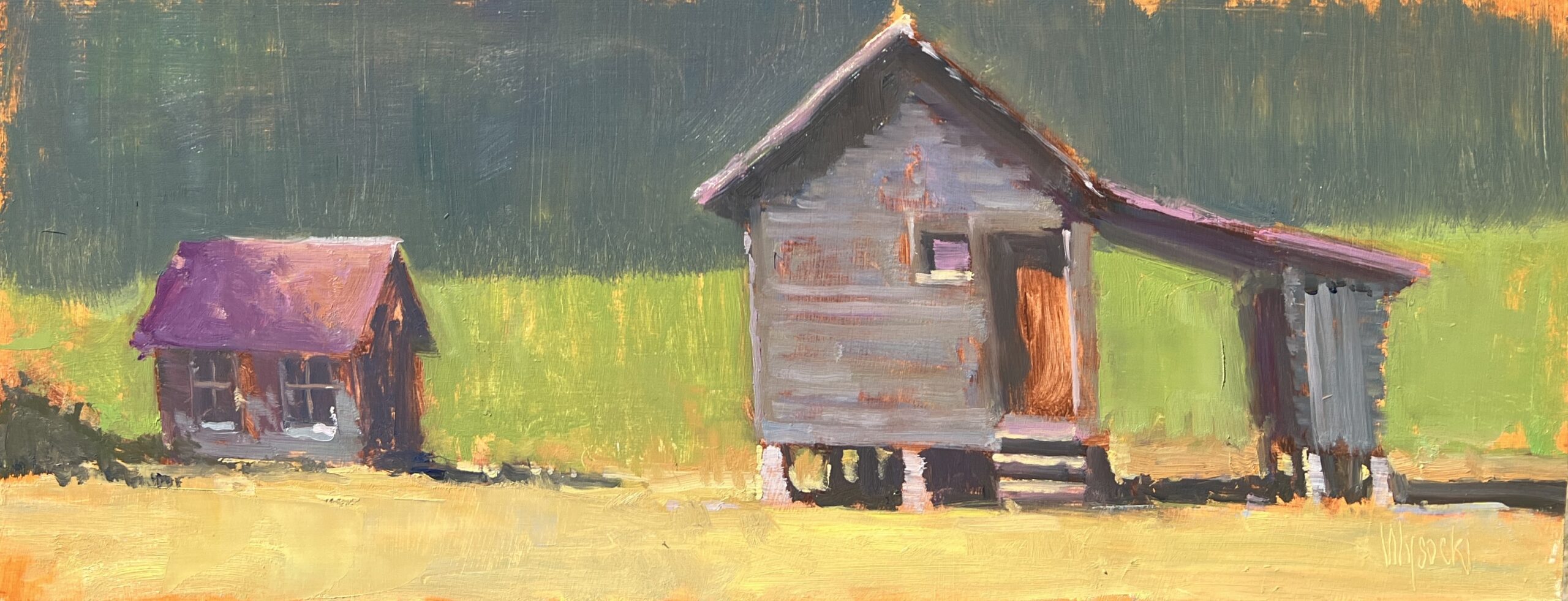 Stephen Wysocki, “Out Buildings,” 2025, oil, 8 x 20 in., Private collection, Plein air