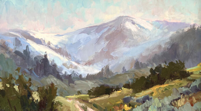 plein air painting of a mountain valley - Sarah Anne Wilson, "Wellsvilles in Spring," 2024, oil, 11 x 14 in., available from the artist, plein air and studio
