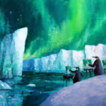 Meet the Artist Behind Our Holiday Greeting Cards Painting of penguins and the Northern Lights - Holiday Greeting Cards - Sam Paonessa, “What do you call artists who paint in extreme winter weather? Plein-guins!” 2022, oil on panel, 12 x 18 in.