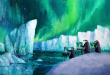 Meet the Artist Behind Our Holiday Greeting Cards Painting of penguins and the Northern Lights - Holiday Greeting Cards - Sam Paonessa, “What do you call artists who paint in extreme winter weather? Plein-guins!” 2022, oil on panel, 12 x 18 in.