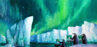 Painting of penguins and the Northern Lights - Holiday Greeting Cards - Sam Paonessa, “What do you call artists who paint in extreme winter weather? Plein-guins!” 2022, oil on panel, 12 x 18 in.