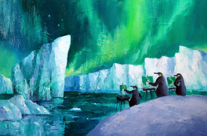 Painting of penguins and the Northern Lights - Holiday Greeting Cards - Sam Paonessa, “What do you call artists who paint in extreme winter weather? Plein-guins!” 2022, oil on panel, 12 x 18 in.
