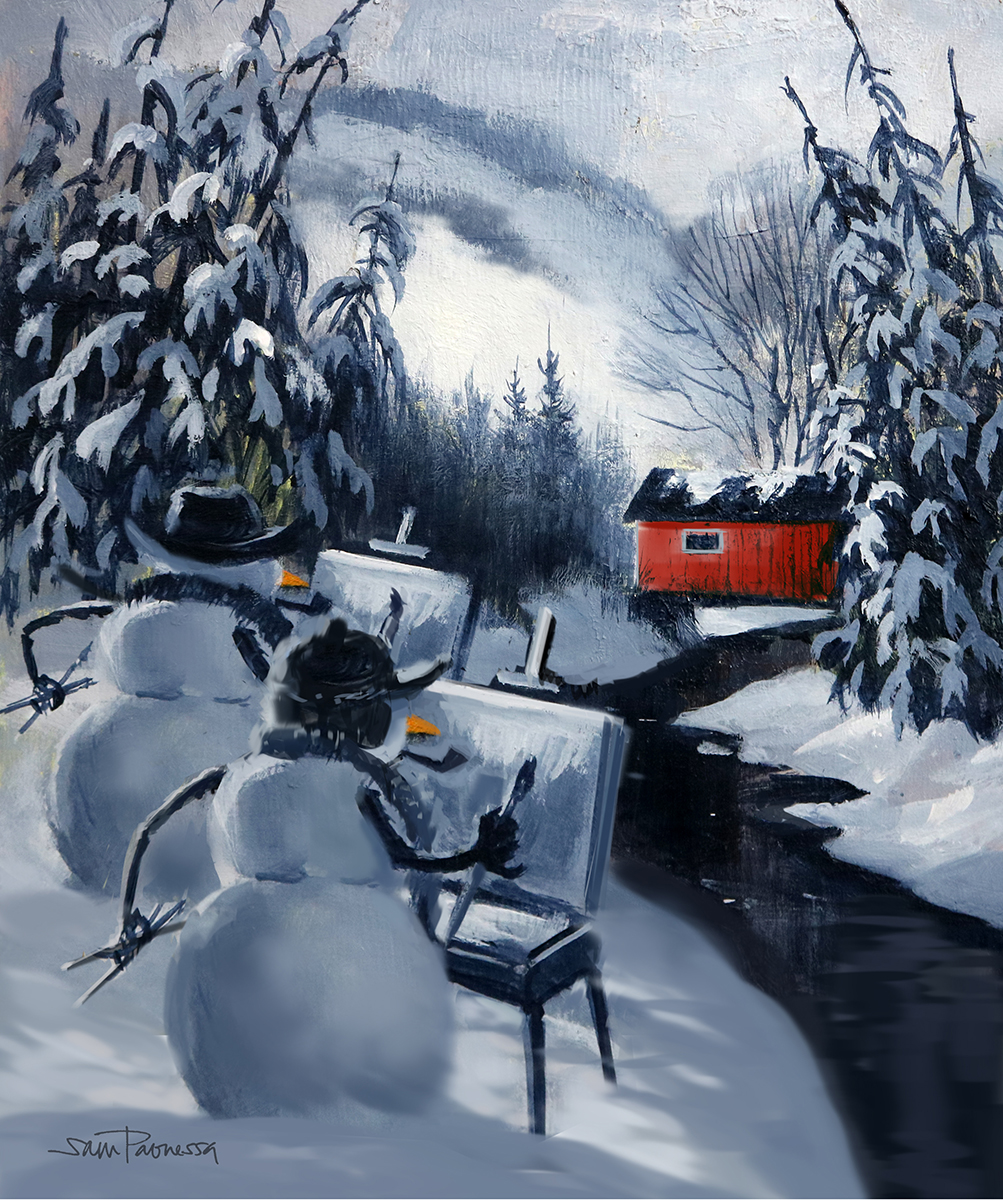 Holiday Greeting Cards - Sam Paonessa, “What is a snowman's favorite Christmas Carol? I'm dreaming of a Titanium White Christmas!” 2023, acrylic on illustration board, 10 x 10 in.