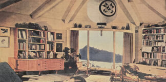 Millard Sheets at work in his watercolor studio at Barking Rocks