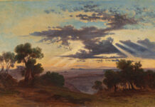 plein air artists - Johann Jakob Frey, "Sun Breaking Through Clouds Above the Roman Campagna," 1844 or after, oil on paper mounted on a second sheet and then on canvas, 11 7/16 x 17 5/16 in. Joseph F. McCrindle Collection, National Gallery of Art