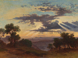 plein air artists - Johann Jakob Frey, "Sun Breaking Through Clouds Above the Roman Campagna," 1844 or after, oil on paper mounted on a second sheet and then on canvas, 11 7/16 x 17 5/16 in. Joseph F. McCrindle Collection, National Gallery of Art