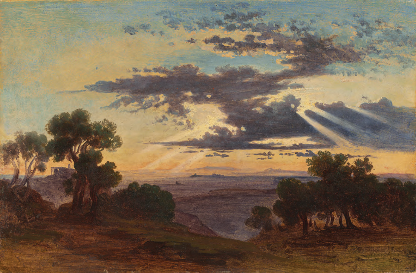 Johann Jakob Frey, "Sun Breaking Through Clouds Above the Roman Campagna," 1844 or after, oil on paper mounted on a second sheet and then on canvas, 11 7/16 x 17 5/16 in. Joseph F. McCrindle Collection, National Gallery of Art