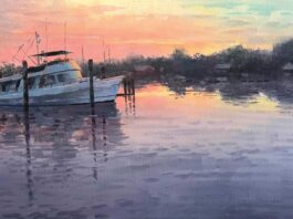 Painting of the Week: “Warm Reflections” Farley Lewis, "Warm Reflections," 2024, acrylic, 12 x 24 in., available from the artist, plein air