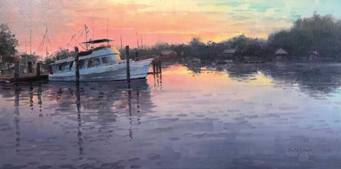 Farley Lewis, "Warm Reflections," 2024, acrylic, 12 x 24 in., available from the artist, plein air Farley Lewis, "Warm Reflections," 2024, acrylic, 12 x 24 in., available from the artist, plein air