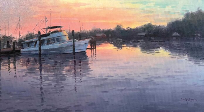 Painting of the Week: “Warm Reflections” Farley Lewis, "Warm Reflections," 2024, acrylic, 12 x 24 in., available from the artist, plein air