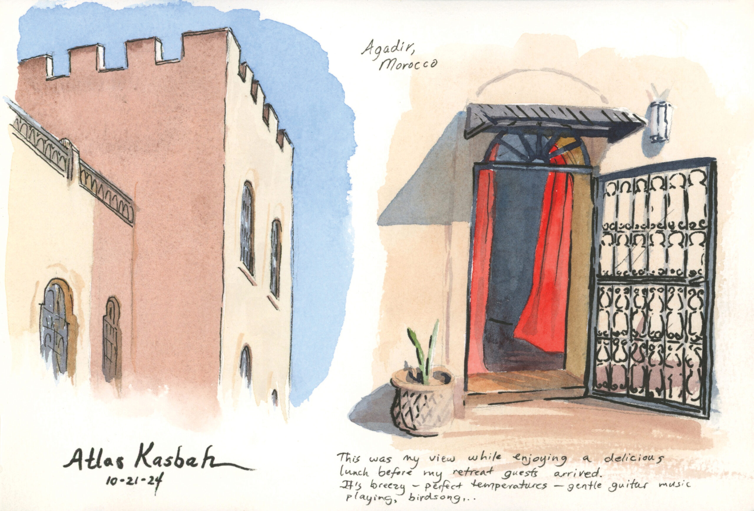 plein air watercolor - First Day at Atlas Kasbah plein air