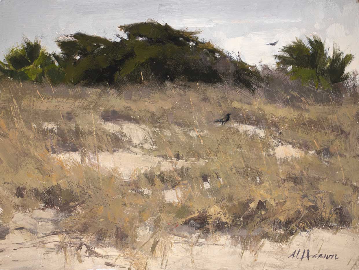 Marc Hanson, "Dune Crows," 2020, acrylic 9 x 12 in., Private collection, Plein air