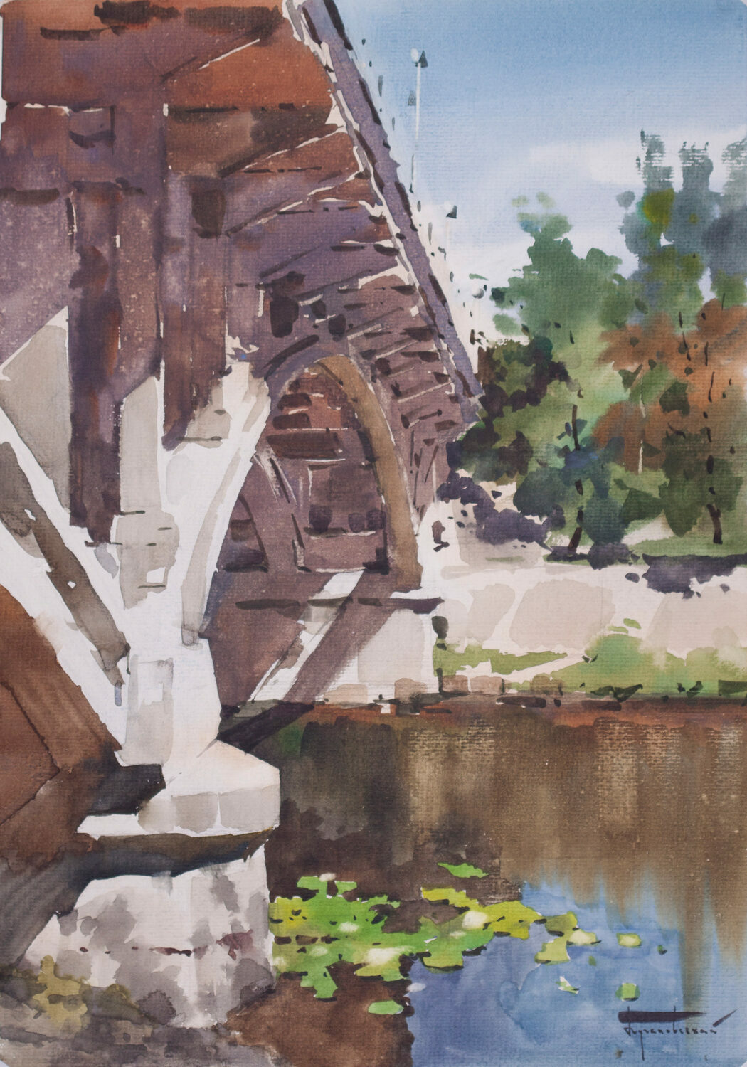 Best Plein Air Watercolor: Gennady Pugachevsky (Ukraine), “The Summer Bridge,” 16.53 x 11.81 in.