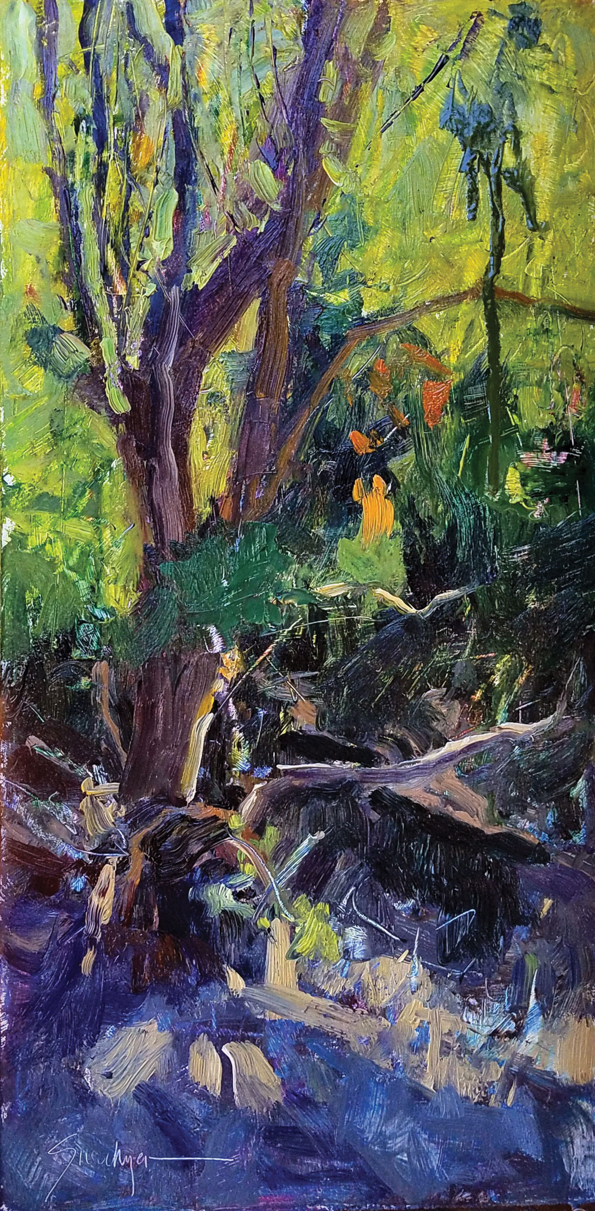 SusieHyer, "Forest Abstraction," 2018, oil on gessobord, 16 x 8 in., private collection