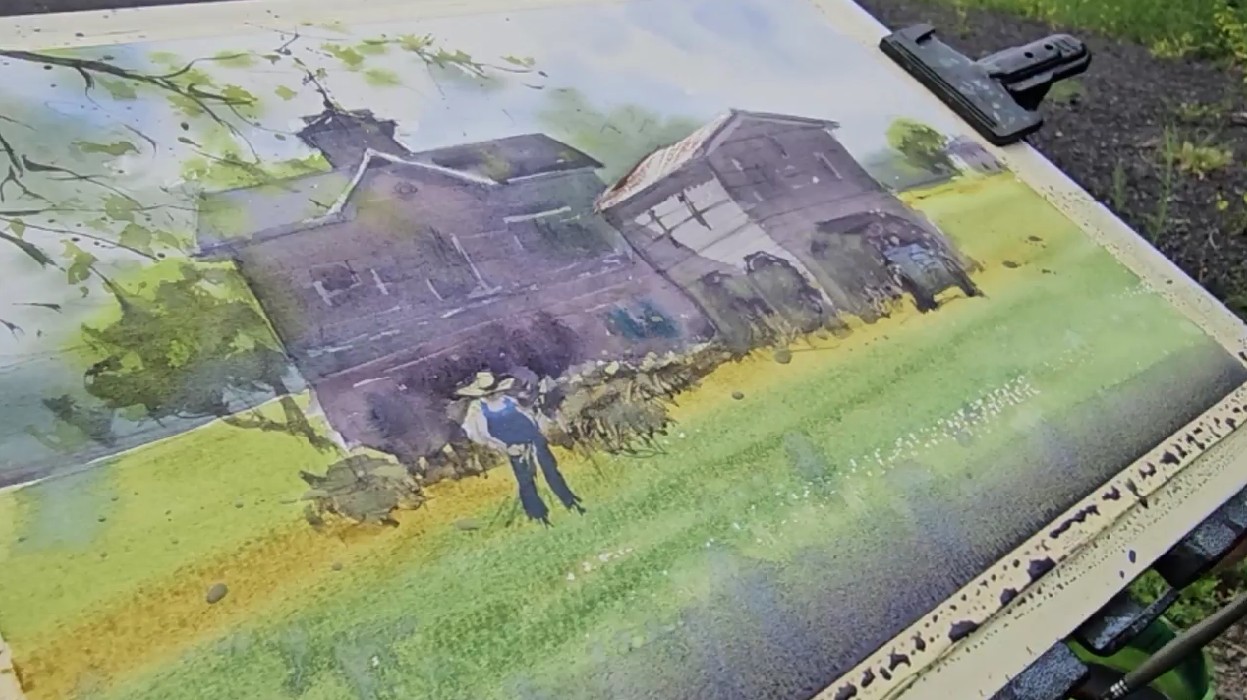 Keiko Tanabe adds a figure to the composition to add an element of human connection to the rural barn scene she chose to paint.