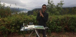 Plein Air Live instructor Yong Hong Zhong, a former Disney animator turned award-winning painter, leading a watercolor demo on Day 1 this year.