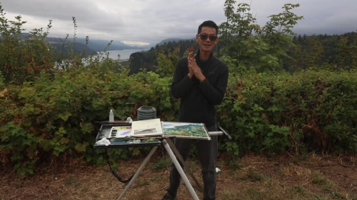 Plein Air Live instructor Yong Hong Zhong, a former Disney animator turned award-winning painter, leading a watercolor demo on Day 1 this year.