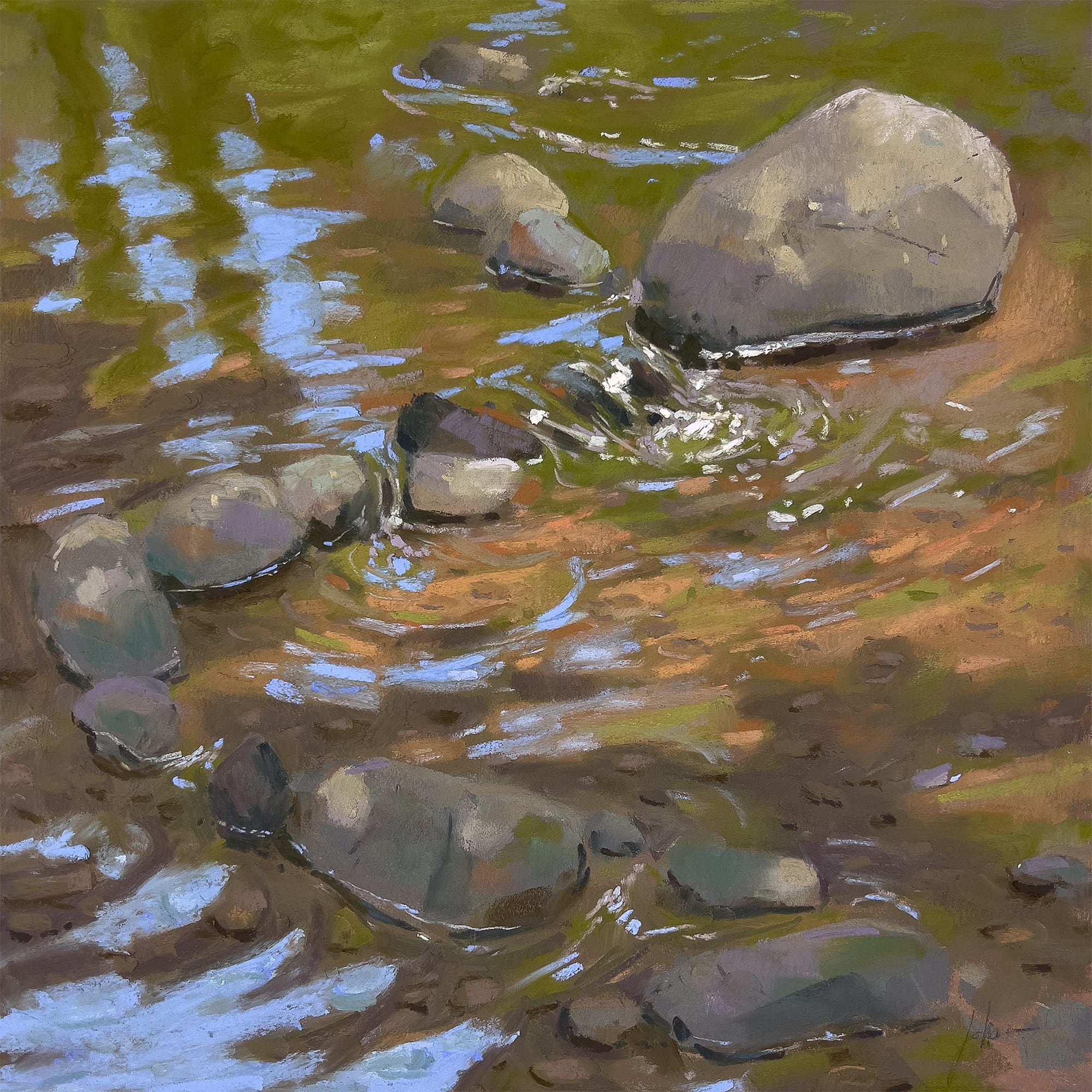 10. Greg Johannesen, “Deer Creek Trickle,” 2024, pastel, 12 x 12 in., Available from artist, Plein air