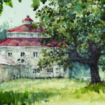 Painting of a building and a tree - Laurel Lake McGuire, “Round Barn,” 2023, watercolor, 8 x 10 in., Available from artist, Plein air