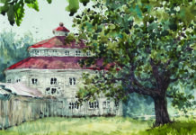 10 Tiny Treasures Painting of a building and a tree - Laurel Lake McGuire, “Round Barn,” 2023, watercolor, 8 x 10 in., Available from artist, Plein air
