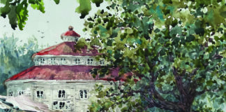 Painting of a building and a tree - Laurel Lake McGuire, “Round Barn,” 2023, watercolor, 8 x 10 in., Available from artist, Plein air