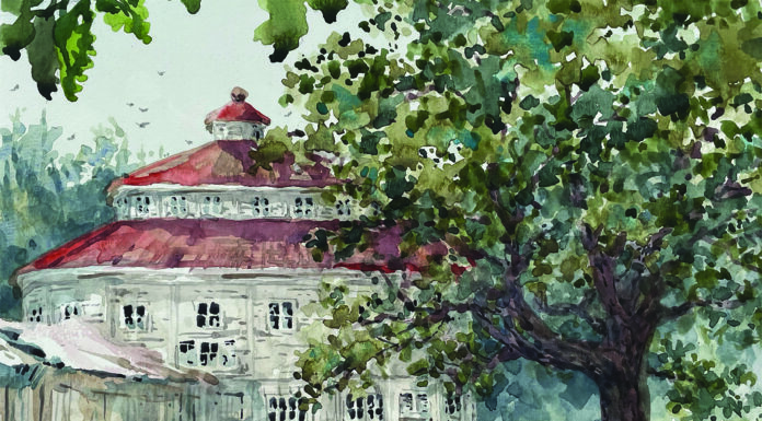 10 Tiny Treasures Painting of a building and a tree - Laurel Lake McGuire, “Round Barn,” 2023, watercolor, 8 x 10 in., Available from artist, Plein air