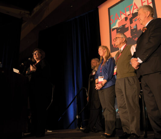 Previous PleinAir Magazine editor-in-chief M. Stephen Doherty (far left) officially turned over the top job to me at the 2018 Plein Air Convention in Santa Fe. We were joined on stage by online editor CherieDawn Haas, Jean Stern, and publisher Eric Rhoads.
