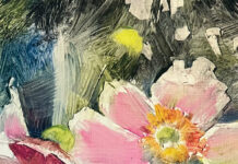 Why I Chose Vertical Over Horizontal oil painting of pink flowers with a bumble bee