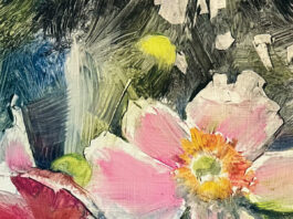 Why I Chose Vertical Over Horizontal oil painting of pink flowers with a bumble bee