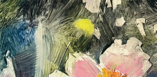 oil painting of pink flowers with a bumble bee