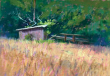 pastel painting of a field and a shed