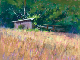 pastel painting of a field and a shed