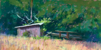 pastel painting of a field and a shed
