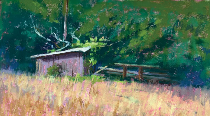 pastel painting of a field and a shed